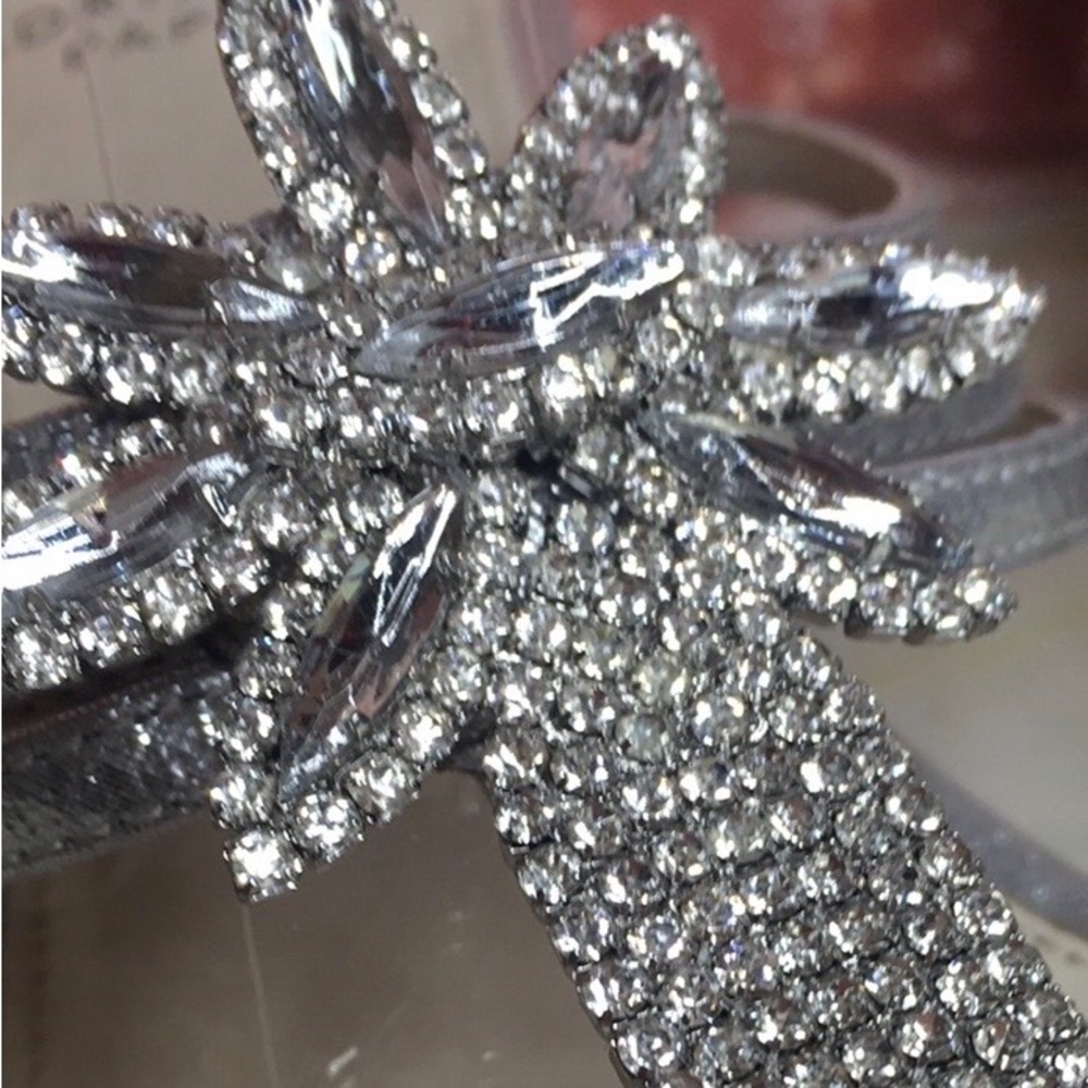Adrianna Papell Silver Metallic Jeweled T-Strap Heels - Picture 6 of 9
